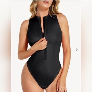 Popilush Women's Faux Leather Mock Neck Zip Front Sculpting Bodysuit Size Medium